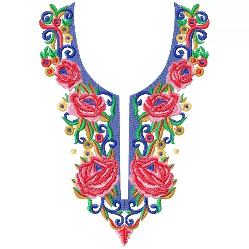 Long Rose Flowers Neckline Embroidery Design